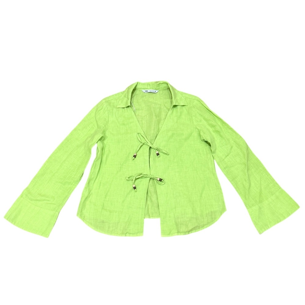 Zara Women Lime Green 100% Linen Tie Front Beaded Blouse Top Small Festival